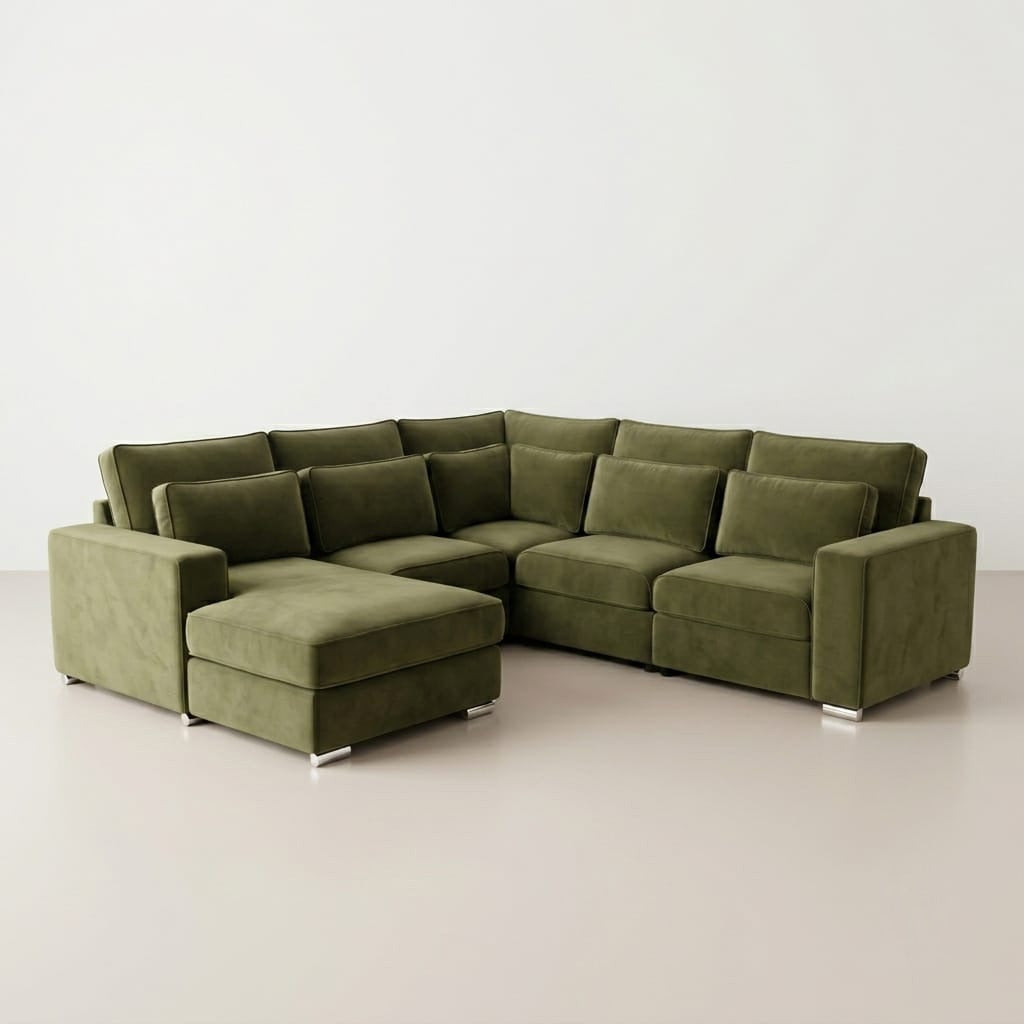 Florence Olive Green Velvet Corner Sofa with Chaise