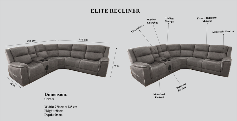 Elite Microfibre Electric Recliner Corner Sofa dimensions