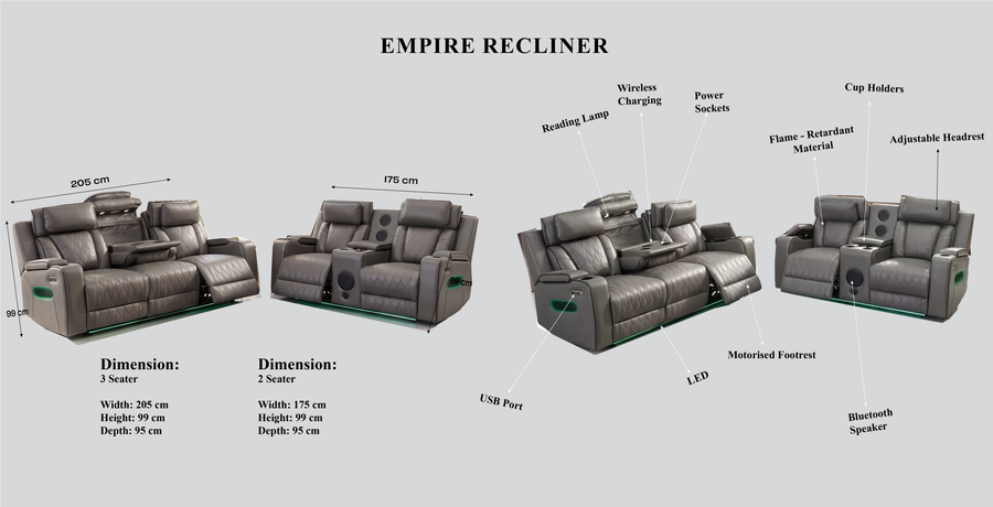 Empire 3 + 2 Seater Premium Leather Smart Recliner dimensions