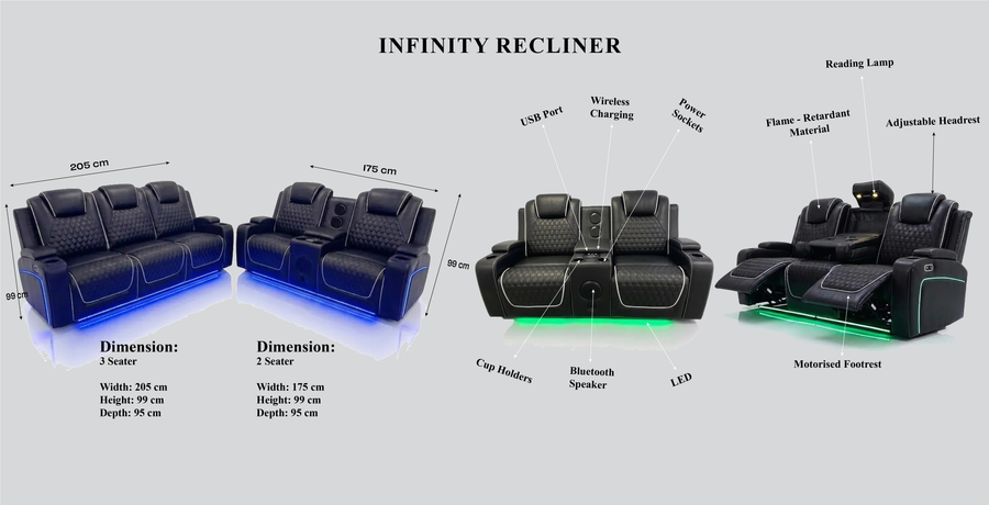 Infinity 3 + 2 Seater Electric Leather Recliner dimensions