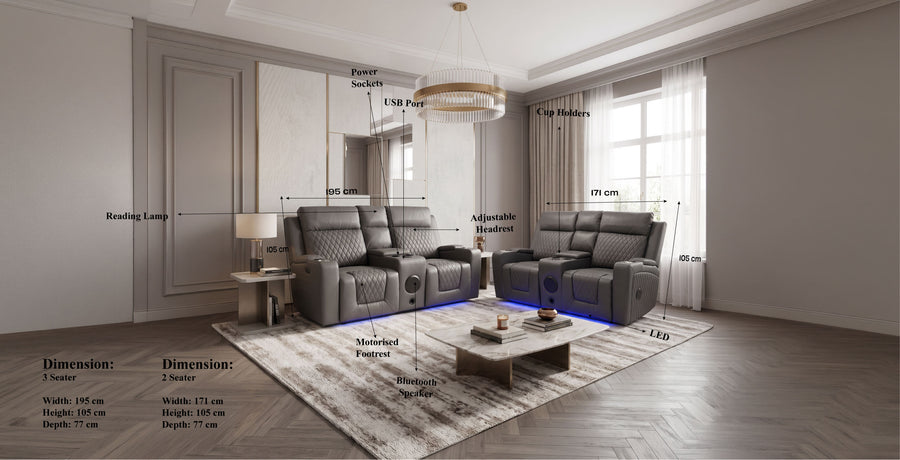 Valentino Smart Entertainment Recliner Sofa Set dimensions