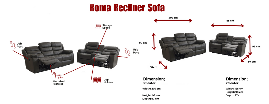 Roma  Leather Electric Recliner dimensions