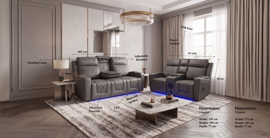 Valentino Smart Entertainment Recliner Sofa Set dimensions