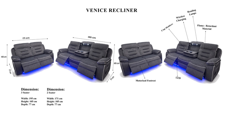 Venice Smart Recliner Sofa Set dimensions