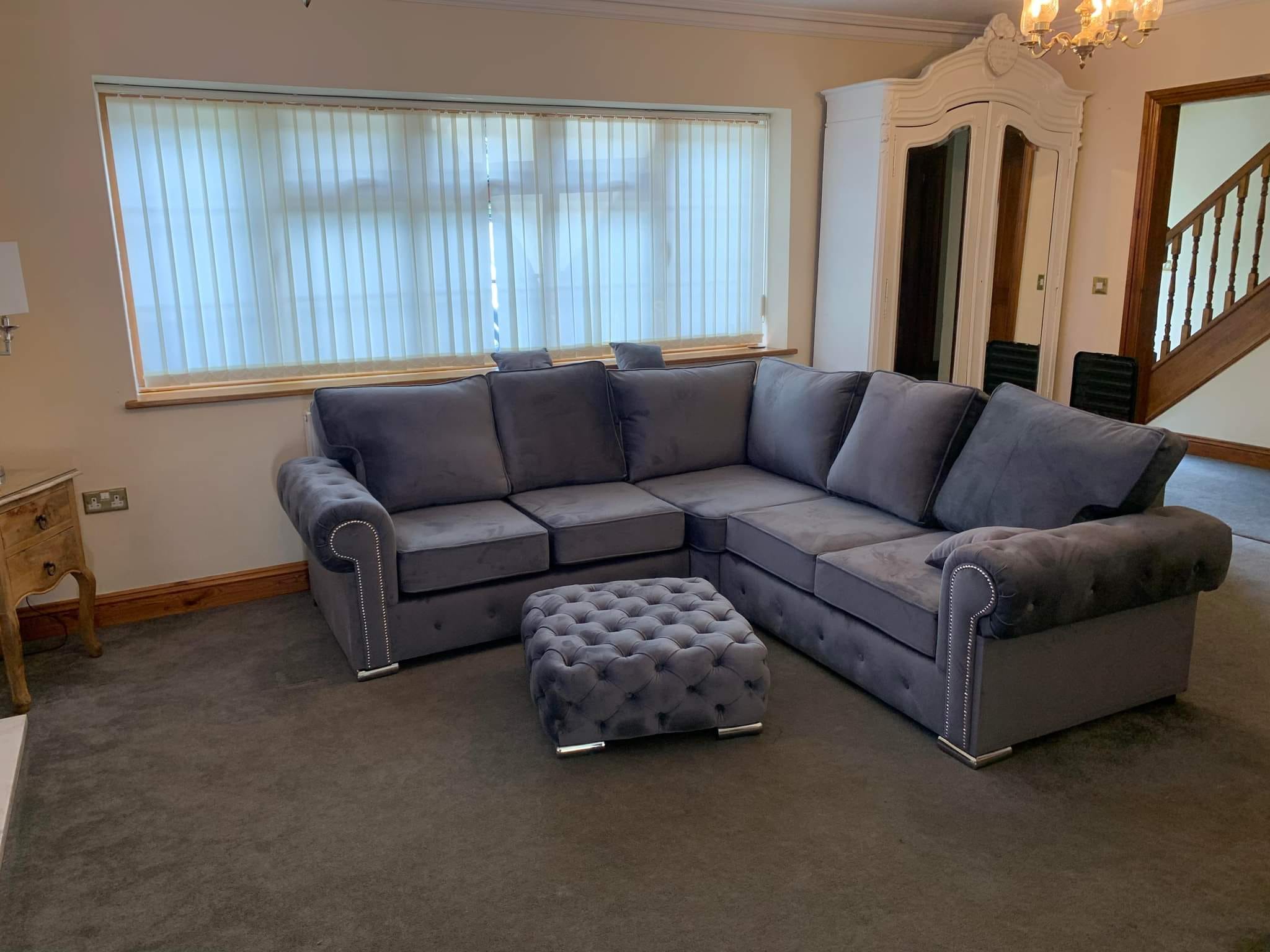 Grey corner sofa with footstool online