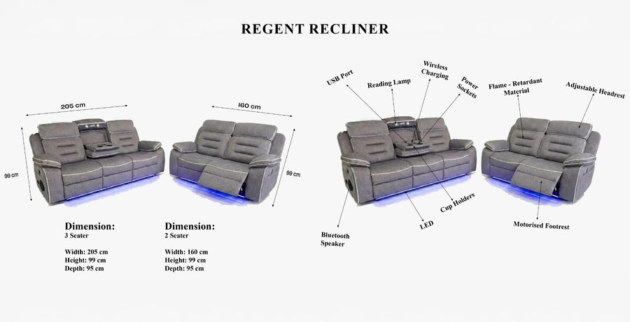Regent 3 + 2 Seater Premium Tech Leather Electric Recliner Sofa Set dimensions